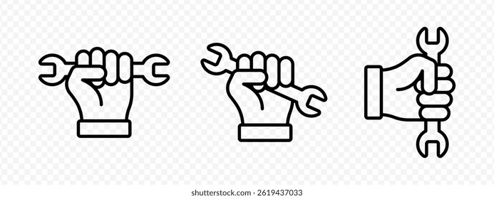 Vector isolated Wrench in Hand icon set in black outline
