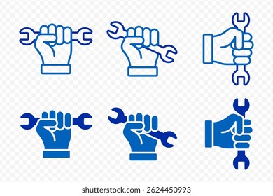 Vector isolated Wrench in Hand icon set in blue outline and fill