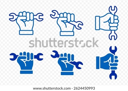 Vector isolated Wrench in Hand icon set in blue outline and fill