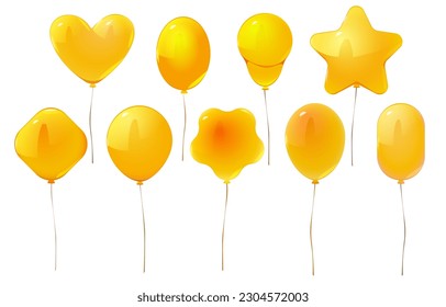 El vector aisló el juego de globos del partido de dibujos animados amarillos. Celebración de cumpleaños con un paquete de iconos de lón. decoración inflable de carnaval en cadena de elementos diferentes sobre fondo blanco. Decoración de estrella y corazón