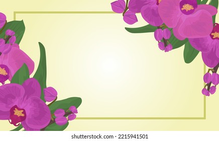 Vector isolated yellow frame for text message or other purpose with orchid flower arrangements. Vector illustration.