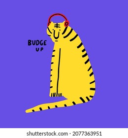 vector isolated yellow tiger with headphone and humor lettering. Trendy symbol of the new year 2022.Christmas poster and card.Vibrant funky groove style.Funny bizarre sticker flat animal tiger cub.