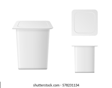 Vector isolated yogurt container on white background. Front and top view.