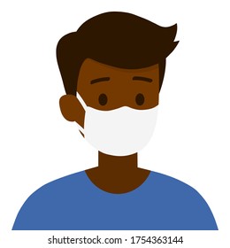 Vector isolated a young black man is wearing a medical mask to protect himself from COVID-19 with short black hair on white background, illustration