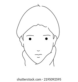 Vector Isolated Young Boy With Potty Haircut In A Sweater With A Collar Full Face Portrait Colorless Black And White Contour Line Hand Drawing