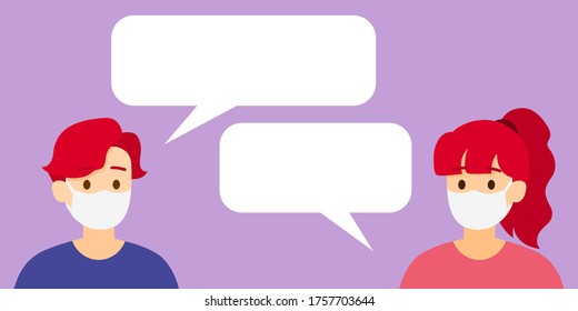 Vector isolated young people are having conversation, people are wearing a medical mask to protect themself from COVID-19, businessmen discuss social network, dialouge speech bubbles, illustration