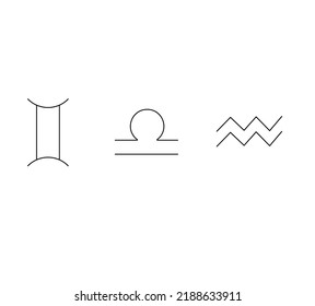 Vector isolated zodiac Air signs gemini, libra, aquarius set colorless black and white contour line drawing