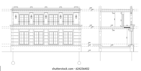 Vector isolated.Fragment of a facade of the classical city building. The architectural drawing of a facade and a section on a white background.