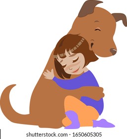 Vector isolatedlittle  girl hugging puppy dog pet lovely cute card design 