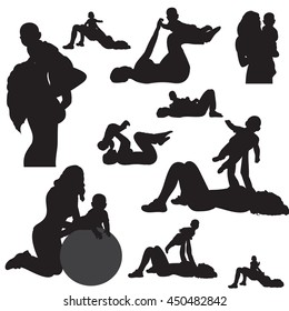 vector, isolated,set silhouettes mother sports baby