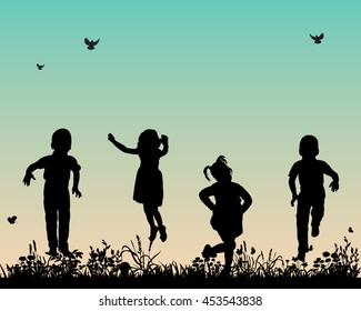 vector, isolated,silhouette children playing nature