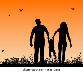 vector, isolated,silhouette of a family playing in nature