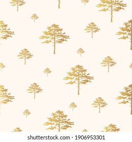 Vector isoleted golden forest trees background. Seamless pattern with gold oaks silhouettes. Hand drawn foliage texture for fabric.
