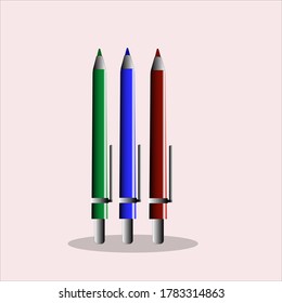 vector isoleted pen in red, blue and green color on pink background
