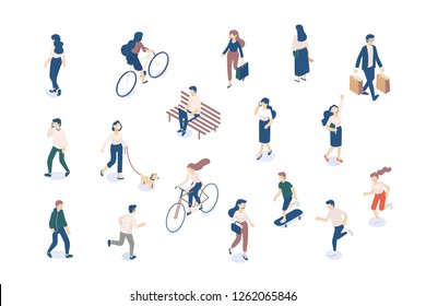 Vector Isomeric walking people set isolated on white. Male and female characters. Flat isometric illustration.