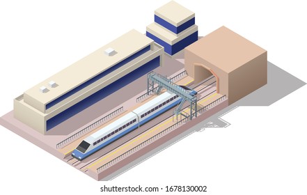 Estación de tren isométrica de baja polilla vectorial con tren de alta velocidad.