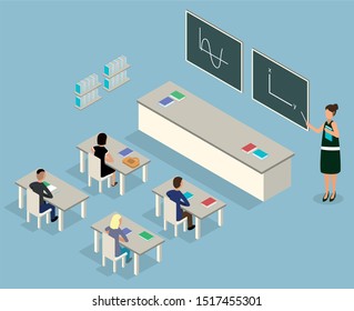 Vector isometric 3d classroom illustraition. Includes school desks, tables, chairs, students and teacher.  