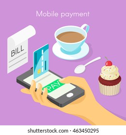Vector isometric 3d concept for mobile online payment. Hand holding smartphone with green pay button.