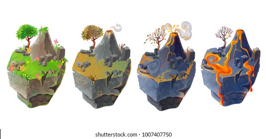 Vector isometric 3d fantastic islands for game design set. Cartoon illustration with green grass, tree, flowers and mountain and volcanic landscape with lava, burned ground and volcano isolated.