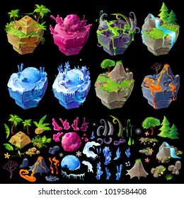 Vector isometric 3d fantastic islands, details for gui, game design. Cartoon illustration of aztec pyramid, winter location, volcanic territory, poisonous lands, waterfall and magic crystals landscape Vector isometric 3d fantastic islands, details for gui, game design. Cartoon illustration of aztec pyramid, winter location, volcanic territory, poisonous lands, waterfall and magic crystals landscape