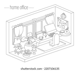 Vector isometric 3d home office interior. Cute line house working space illustration with computer, desk, chair, plants. Black and white cartoon room drawing. Cute building coloring page  
