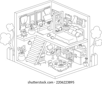 Vector isometric 3d house interior  Cute line home illustration and office  bedroom  living room  kitchen  Black   white cartoon rooms drawing  Cute building coloring page  
