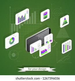 Vector isometric 3d illustration. Bright creative Infografics on green background.