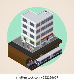 vector isometric 3d illustration of city street, building and metro (subway or underground) station. rapid transit system. urban lifestyle concept. 