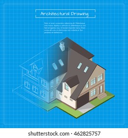 Vector isometric 3d illustration of city building blueprint. Architectural background or project.