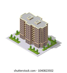 Vector isometric 3D illustration of multi-storey building, tower with parking place, trees. Residence, residential building, urban apartments. Mockup, template for design, architecture, construction.