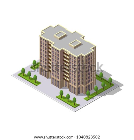 Vector isometric 3D illustration of multi-storey building, tower with parking place, trees. Residence, residential building, urban apartments. Mockup, template for design, architecture, construction.