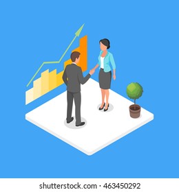 Vector isometric 3d illustration of two business people making deal and shaking hands in agreement.