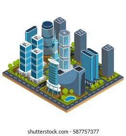 Vector isometric 3D illustrations of modern urban quarter with skyscrapers, offices, residential buildings