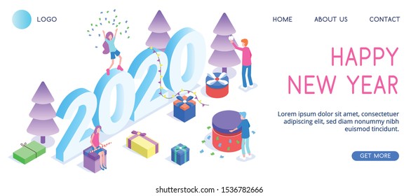 Vector, isometric, 3d landing page. Christmas/New Year/ 2020 decoration. 