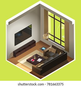 Vector isometric 3d living room cutaway icon. Room includes sofa, coffee table, tv and other furniture