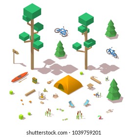 Vector isometric 3d low poly elements in the camping site