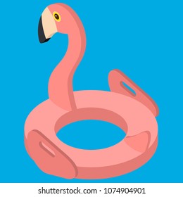 Vector Isometric 3d pink flamingo, tropical bird shape inflatable swimming pool ring, tube, float. Summer vacation holiday rubber object, traveling, beach ocean. Illustration isolated on background