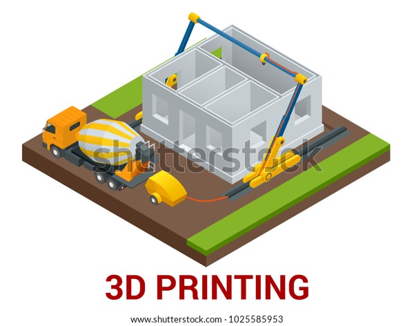 ベクターアイソメ3d印刷ハウスのコンセプト 家庭を印刷する産業用3dプリンター側のコンクリートミキサー車 フラットイラスト のベクター画像素材 ロイヤリティフリー