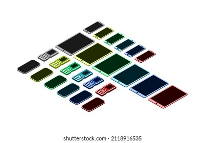 Vector Isometric Of 4 Different Of Gadgets, Smartphone, Tablet, Rugged Phone, Phone.