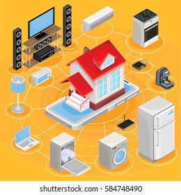 Vector isometric abstract illustration smart home, controlling through internet home work equipment.