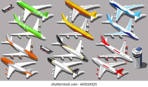 Vector isometric aeroplane isolated icons 3D aircraft with planes and shuttle bus