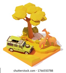 Vector isometric Africa safari adventures illustration. Off-road car with tourists in African savanna watching wild animals. Baobab tree and couple of wild giraffes near safari vehicle