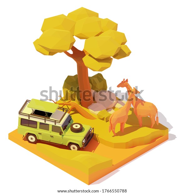 Vector\
isometric Africa safari adventures illustration. Off-road car with\
tourists in African savanna watching wild animals. Baobab tree and\
couple of wild giraffes near safari\
vehicle
