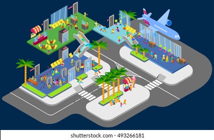 Vector isometric airport building with rooms, floors, staff, passengers, waiting boarding, baggagge, passport control, check in, flight, airplane, aircraft, plane.