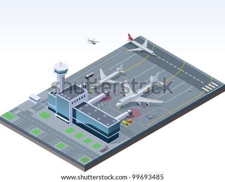 Vector isometric airport building with traffic control tower and airplanes on the apron and runway