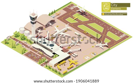 Vector isometric airport terminal infrastructure. Parked airplanes with boarding bridges, postal service aircraft loading, airplane on the runway, aircraft maintenance hangars, airport machinery and w
