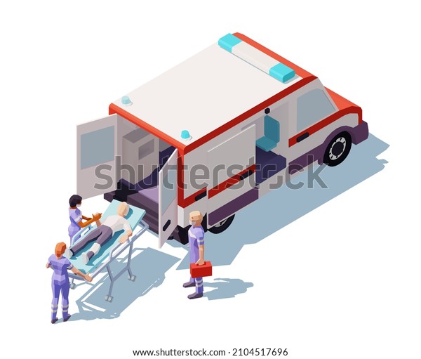 Vector isometric ambulance car, doctor, nurse and\
patient on stretcher. Medicine ambulance concept isolated on white\
background. 