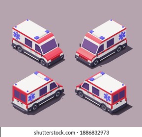 Vector Isometric Ambulance Emergency Car. Four Side View. Isolated Background.