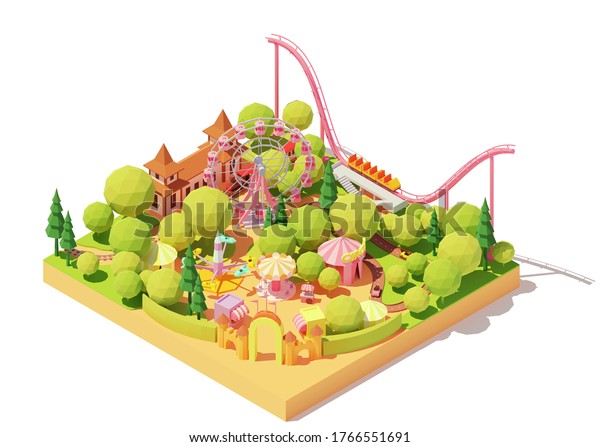 Vector isometric amusement park map.
Theme park with Ferris wheel, roller coaster, carousels, bumper
cars, circus and other amusement rides. Funfair
illustration