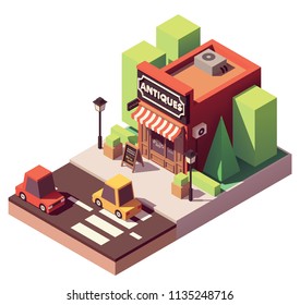 Vector isometric antique shop with signboard and awning